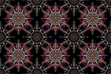 Raster illüstrasyonu. Kusursuz damaske deseni. Pembe ve yeşil renkli Victoria dönemi desenli klasik süsleme arkaplanı.