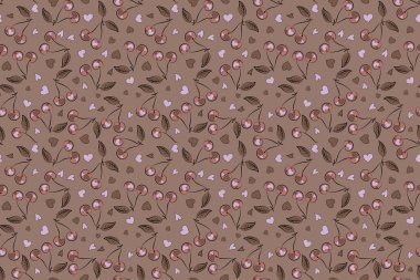 Doğa kirazları menekşe, pembe ve kahverengi renklerde pürüzsüz desenler. Soyut biçimlendirilmiş kirazlı desen.