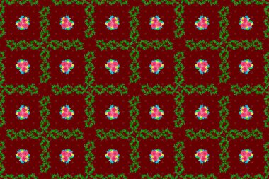 El yazısıyla yazılmış gül çiçekleri, yeşil yapraklar, pullar, anahtarlar. Kırmızı arkaplanda klasik dikişsiz desen.