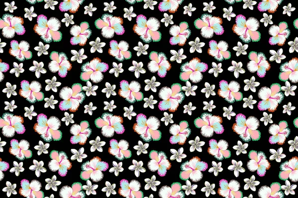 Trópusi Virágok Hibiszkusz Levelek Hibiszkusz Rügyek Zökkenőmentes Virágminta Fekete Alapon — Stock Fotó