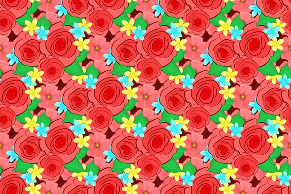 Seamless Pattern Cute Rose Flowers Green Leaves Red Background Spring — Stock Photo, Image