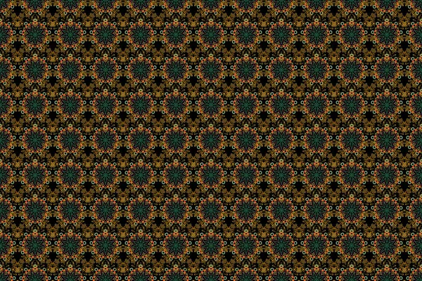 Medieval royal pattern. Decorative symmetry arabesque. Raster illustration. Green and yellow seamless pattern on a black background. Good for greeting card for birthday, invitation or banner.