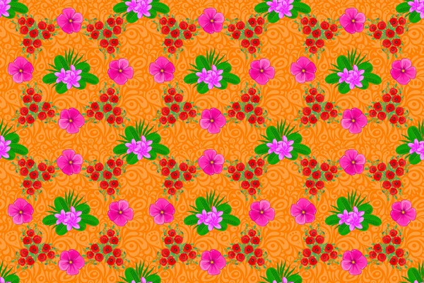 Raster Naadloze Achtergrond Mooie Aquarel Bloemen Rode Oranje Groene Kleuren — Stockfoto