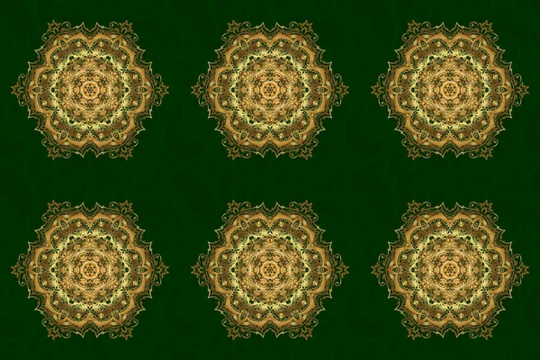 Patrón Raster Vintage Mandala Redondo Adornado Decorativo Oro Sobre Verde — Foto de Stock