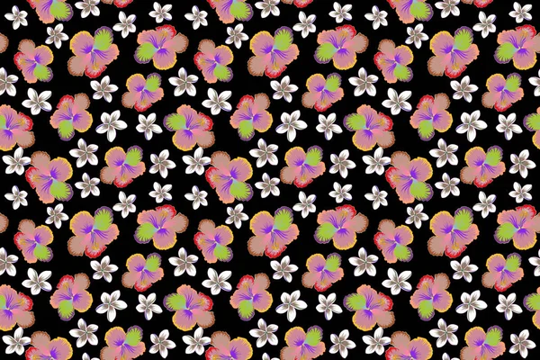Tシャツプリントのためのハイビスカスの花のイラストとアロハタイポグラフィ 黒を背景にピンクと白のシームレスなパターンイラスト — ストック写真