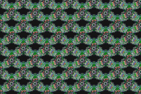 Motley star pattern, star decorations, blue, green and gray grid on a black background. Luxury motley seamless pattern with stars.