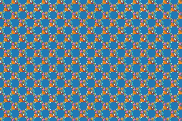 Raster Seamless Floral Pattern Cosmos Flowers Leaves Orange Blue Beige — Stock Photo, Image