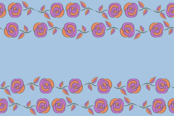 古色古香的花朵无缝风格的图案 水平玫瑰无缝图案 有橙色 蓝色和紫色三种颜色 复古植物风格 有复制空间 文本的位置 — 图库照片