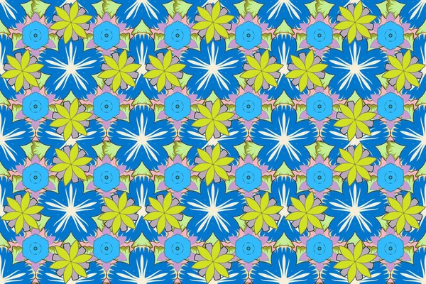 Raster flat flowers and leaves silhouette seamless pattern. Cute design in blue, beige and yellow colors for stickers, labels, tags, gift wrapping paper and banner design.