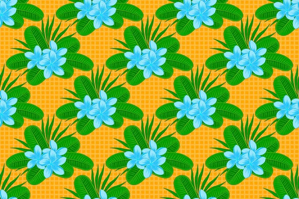 Seamless Hand Drawn Raster Plumeria Flower Pattern Green Yellow Blue — Stock Photo, Image