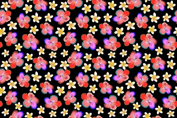Seamless Tropical Flowers Pink White Colors Hibiscus Pattern Black Background — Stock Photo, Image