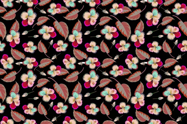 Hibiskus Kolorze Różowym Szarym Czarnym Tle Płynny Wzór Tropikalnych Kwiatów — Zdjęcie stockowe