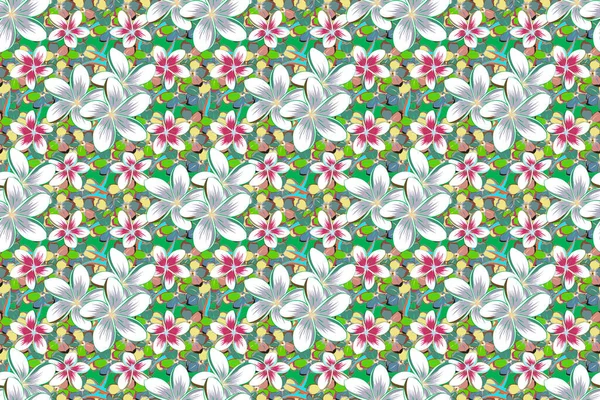 Background texture, wallpaper, floral theme in blue and green colors. Abstract ethnic raster seamless pattern. Tribal art boho print, vintage flower background.