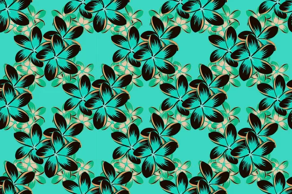 Seamless Background Pattern Decorative Plumeria Flowers Leaves Black Green Blue — Stock Photo, Image