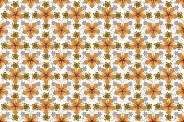 Graphic print flower pattern in yellow, white and orange colors. Seamless pattern raster background with stylized little flowers. Raster illustration.