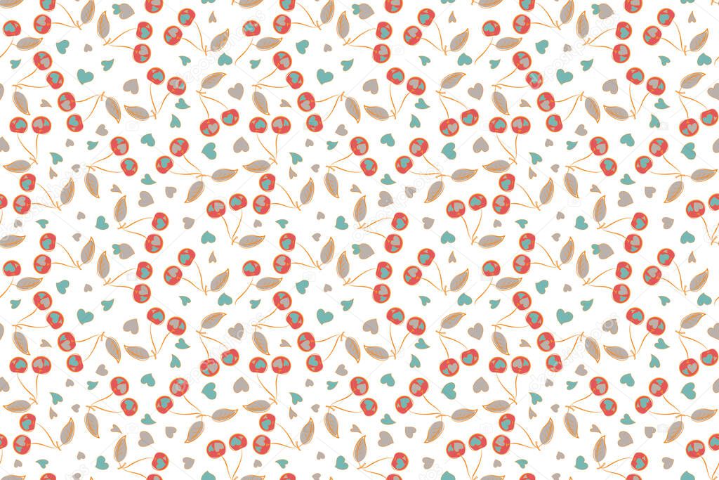 Raster seamless pattern. Can be used for festive greeting card, textil print or fabric. Lovely cherry in beige, blue and red colors.