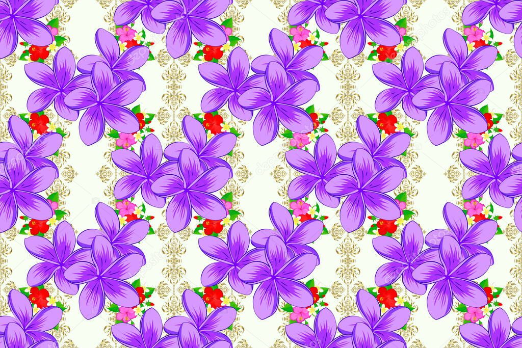 Modern motley floral seamless pattern on a beige background. Floral print. Repeating raster plumeria flowers pattern.