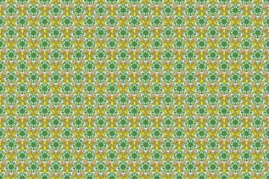 Raster illüstrasyonu. Yeşil, beyaz ve sarı renkli basit modern semboller. Kusursuz, soyut el fırça darbesi çiçek desenli desen.