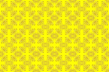 Sarı arka planda kusursuz desen. Geleneksel Hint tarzı, kına dövmesi, baskı, altın çıkartmalar, mehndi, yoga tasarımı için süslü çiçek unsurları. Altın mehndi 'nin Raster sanatı.
