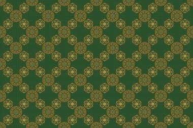 Yeşil arka planda eski model. Geçmişe dönük tasarım için altın elementlerle kusursuz desen. Duvar kağıtları, tekstil, kumaş, ambalaj kağıdı, ambalaj kutusu vs. için evrensel raster deseni.