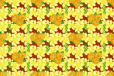 Gül çiçekleri kahverengi, sarı ve turuncu renklerde pürüzsüz desenli. Sevimli Raster çiçek arkaplanı.