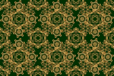 Yeşil bir arka planda Viktorya dönemi tarzında kusursuz bir desen. Vignetteler, sınırlar ve tasarım şablonları için altın elementler. Lüks çiçek çerçeveleri ve süslü dekorlar..