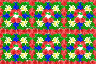 Raster illüstrasyonu. Şirin plumeria çiçeklerinde turuncu, pembe ve yeşil renklerde kusursuz çiçek deseni..