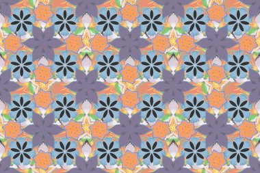 Geleneksel klasik raster süsü. Doğu grisi, mavi ve turuncu pürüzsüz desenli arabesk ve soyut elementlerle.
