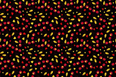 El yapımı kiraz. Raster skeci. Sarı ve kırmızı kiraz desenli. Kirazlı kiraz deseni. Vintage dikişsiz desen.