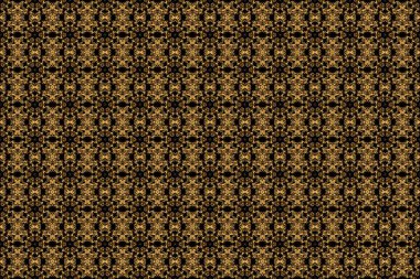 Yıldızlar kusursuz desenli altın ve siyah retro arka plan. Tatil sembolü. Duvar kağıdı, Noel süsü, konfeti, tekstil, ambalaj için soyut parlak altın tasarım.