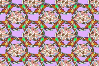 Çiçeksiz desenli, çiçekli ve pembe arkaplanda yapraklı. Plumeria çiçekleriyle süslü bir duvar kağıdı. Soyut raster arkaplanı.