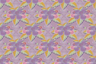 Menekşe rengi boya efekti, sarı ve mor amber çiçekleri, pürüzsüz desenli raster arkaplan.