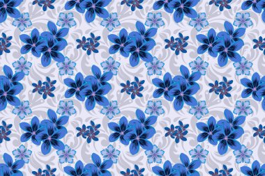 Kusursuz el yapımı raster plumeria deseni mavi, mor ve gri renklerde..