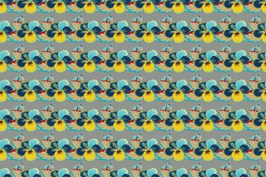Raster amber çiçekleri ve tomurcukları, yeşil, mavi ve sarı renklerde retro pürüzsüz desenler çizer..