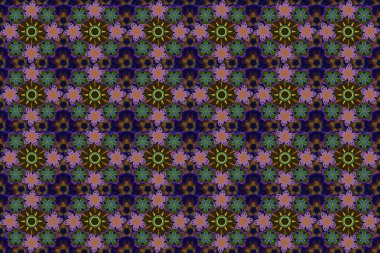 Siyah, yeşil ve kahverengi yapraklı, tropikal çiçeklerle kusursuz arka plan deseni. Raster illüstrasyonu.