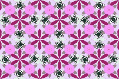 Yatak çarşafları, ceket, paket tasarımı, baskı, kumaş veya moda kavramları için doğu tekstil baskısı. Raster pembesi, menekşe ve gri, soyut elementlerle kusursuz desen..