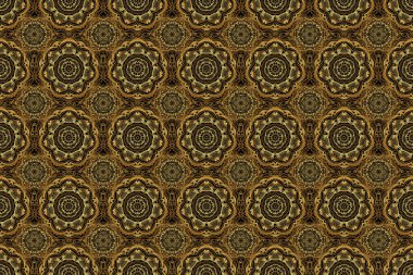 Siyah bir arkaplanda tasarım şablonu için klasik dikişsiz sınır ve ızgara. Çiçekli altın elementlerle doğu tarzında kusursuz bir desen. Kartlar için Raster eskizi, teşekkür mesajı, yazdırma.