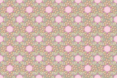Elle boyanmış, dikişsiz çiçek deseni. Gri, yeşil ve pembe küçük çiçeklerle raster arkaplan.
