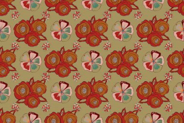 Soyut gül çiçeklerinden oluşan sulu boya buketi ve kırmızı, turuncu ve bej renkli yeşil yapraklarla romantik, pürüzsüz bir desen. Geçmiş, tekstil, ambalaj kağıtları, tebrik kartları için..