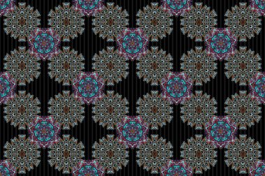 Geometrik tekrarlayan desen, siyah bir arkaplanda mavi ve pembe renkte altıgen şekilleri var. Raster illüstrasyonu.