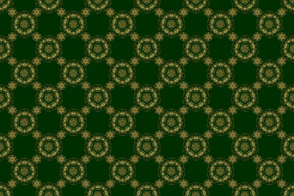 Seamless pattern in Victorian style on a green background. Luxury floral frames and ornate decor. Raster golden elements for vignettes and borders or design template.