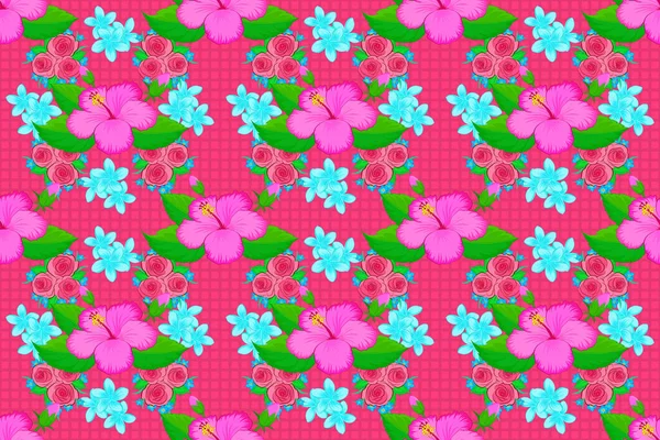 用粉红色 绿色和蓝色的可爱芙蓉花做成的无缝花图案 栅格图解 — 图库照片