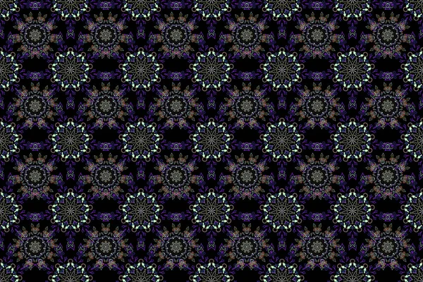Ornamental border. Raster seamless pattern. Seamless damask pattern, classic wallpaper, violet, blue and green on a black background.