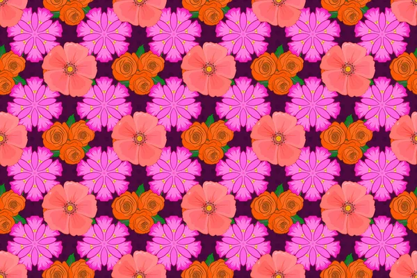 Rasterillustratie Naadloze Achtergrond Patroon Met Decoratieve Kosmos Bloemen Bladeren Een — Stockfoto