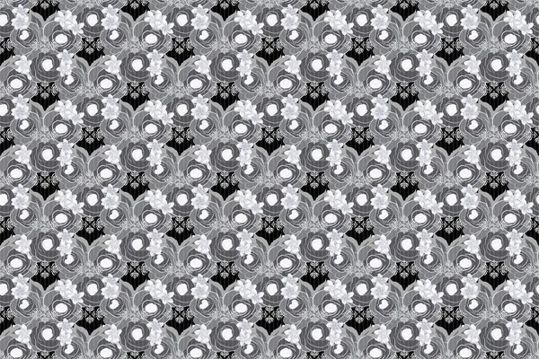 Geometric leaf ornament. Cute raster background. Seamless abstract floral pattern in black and gray colors. Graphic modern pattern. Seamless pattern with rose flowers and green leaves.