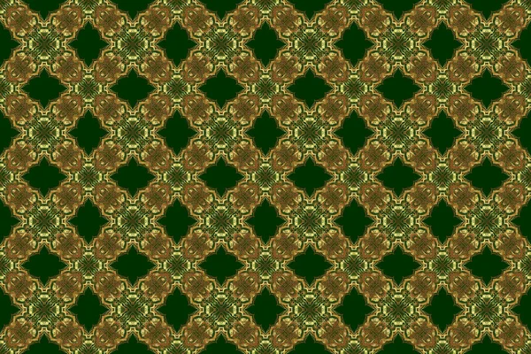 Green and golden pattern. Elegant raster classic golden seamless pattern. Seamless abstract background with golden repeating elements.