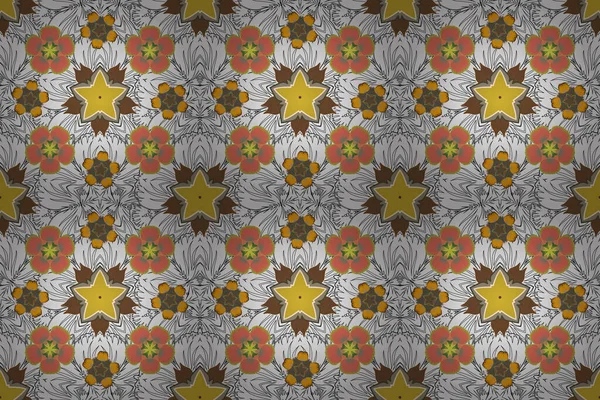 Seamless pattern with flowers in yellow, white and brown colors. Trendy print in vintge style. Exquisite pattern with flowers, watercolor effect. Beautiful raster pattern for decoration and design.