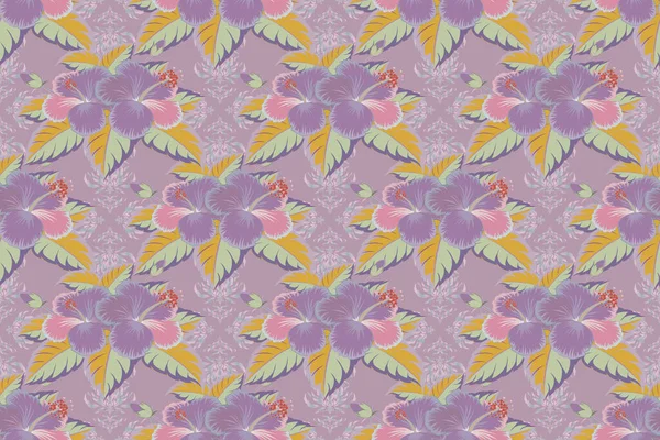 Efecto Pintura Acuarela Flores Hibisco Violeta Amarillo Púrpura Fondo Trama — Foto de Stock