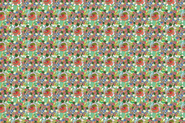 Nahtloses Blumenmuster Auf Grünem Hintergrund Mit Kunterbunten Blumen Raster Illustration — Stockfoto
