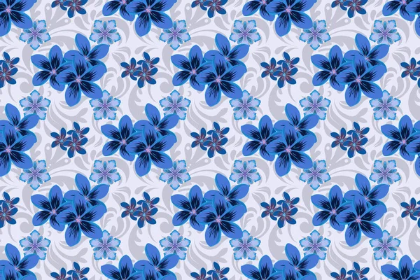 Seamless Hand Drawn Raster Plumeria Flower Pattern Blue Violet Gray — Stock Photo, Image